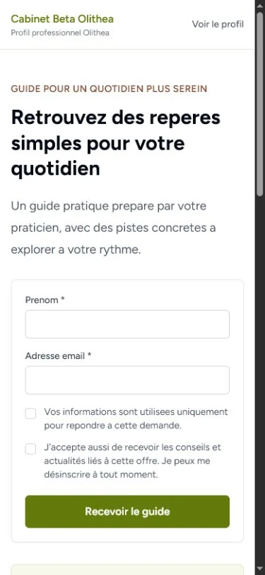 Page de capture Olithea affichée sur téléphone