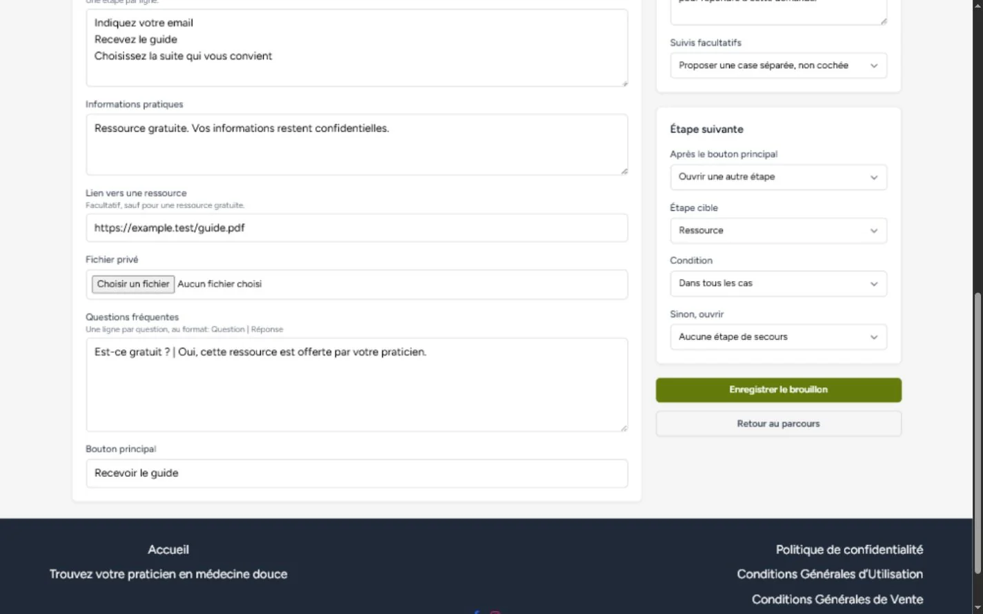 Configuration du formulaire, de la confidentialité et de l’étape suivante dans Olithea